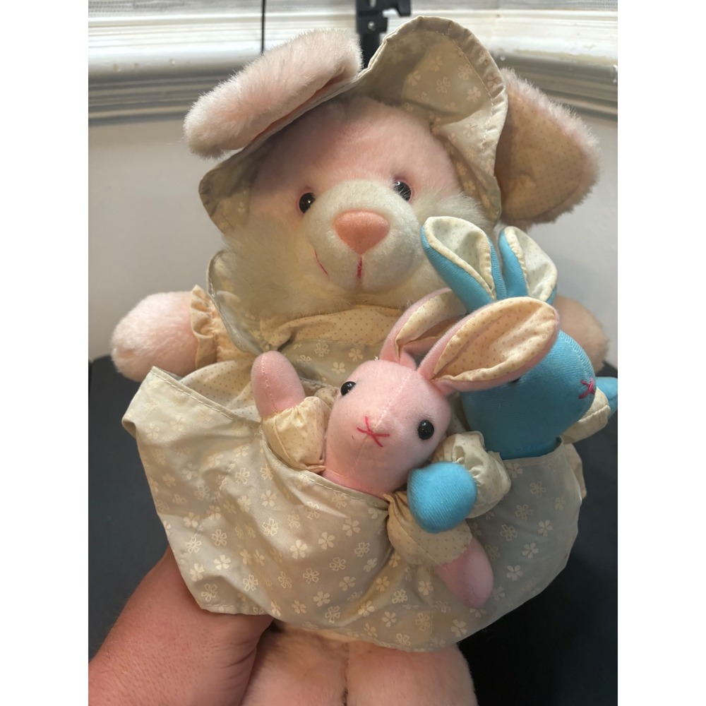 Vintage TLToys Mother Bunny Plush with Babies in Apron Pink Blue Easter Rabbit